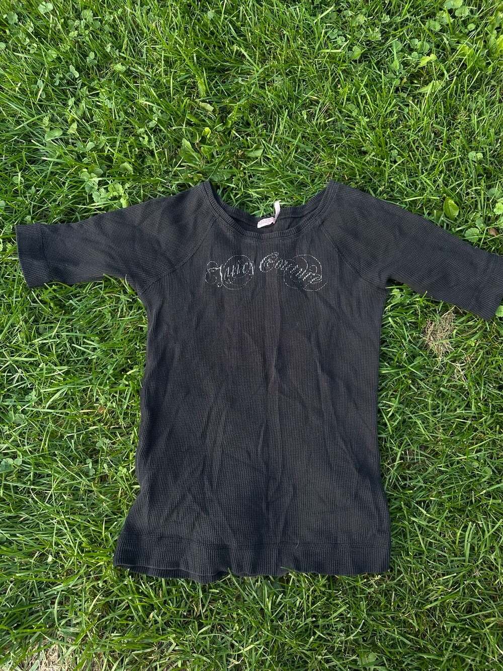 Juicy Couture Black Waffle Knit Thermal Rhinestone Embellished Top Size XL